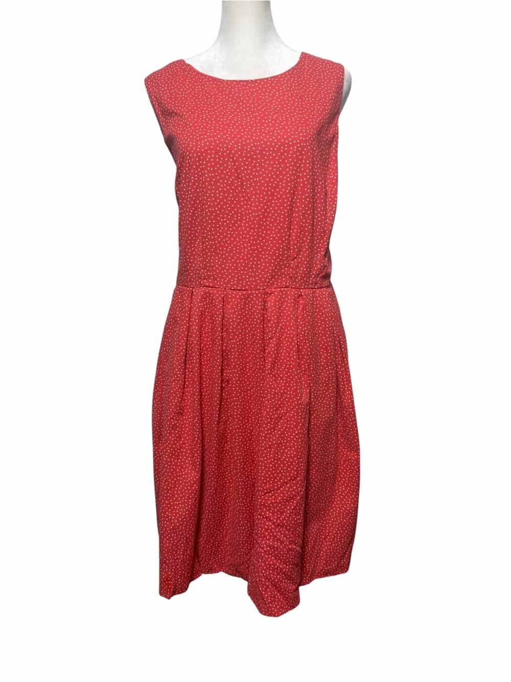 Corey P Coral Red Pin Dot Sleeveless Cotton Fit Flare Midi Dress Pockets 18